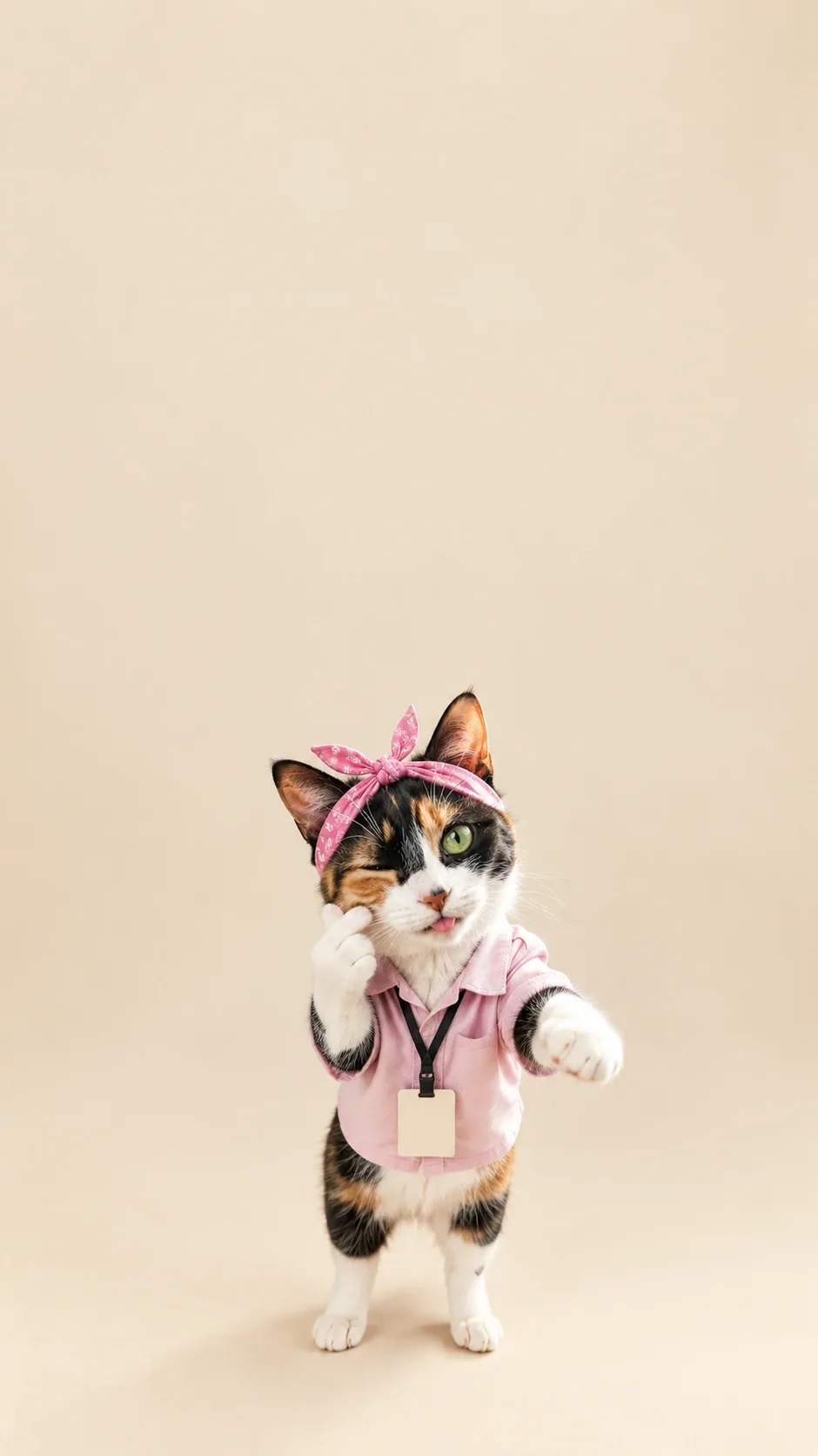 A full standing cat in a pink shirt gives a cheeky wink and a tiny finger-heart paw gesture. generated from the same cat photo