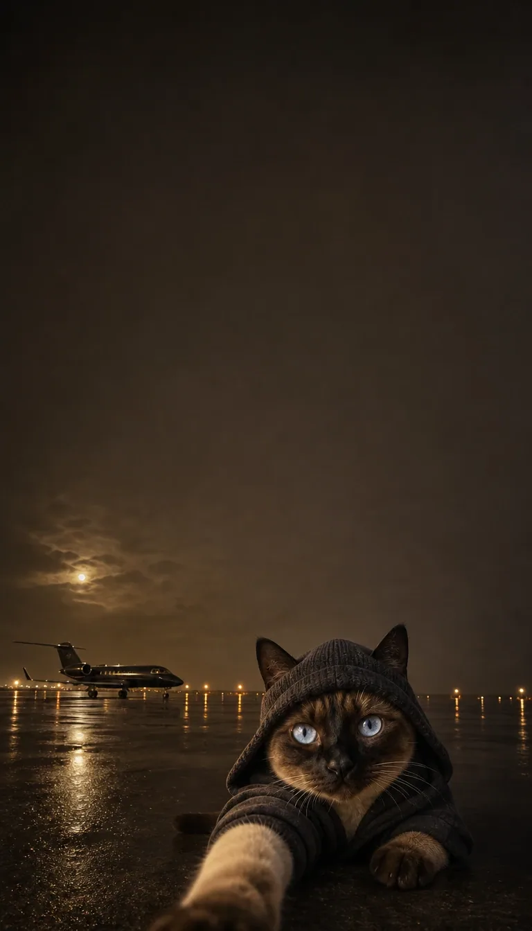 A cozy hooded cat takes a nighttime selfie beside a distant parked jet. of the same seal-point siamese