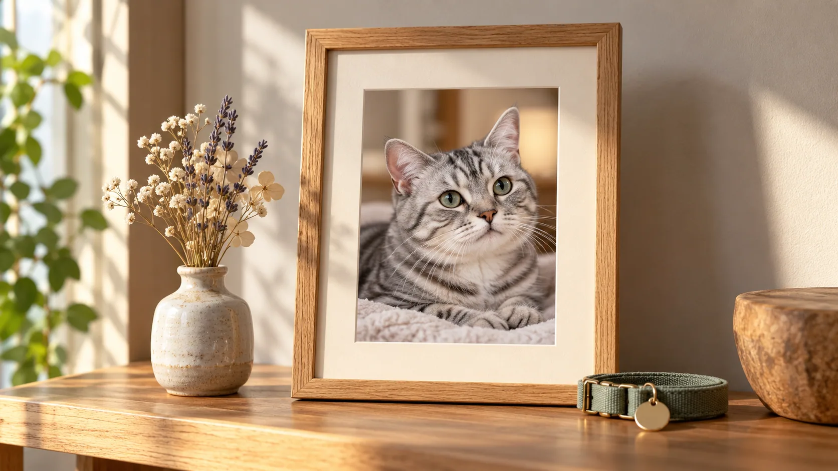 Choose a Cat Memorial Picture Frame Without Losing the Photo An oak frame and cream mat surround a cat photograph beside a collar and dried flowers.