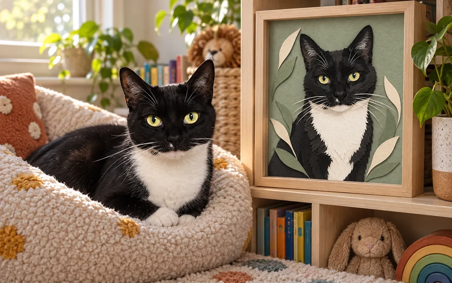 tuxedo shorthair cat beside its framed portrait in a home display