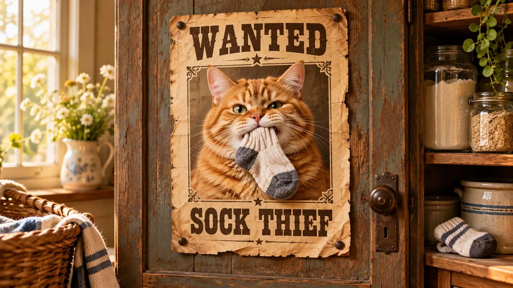 A vintage wanted poster featuring an orange cat caught stealing a sock