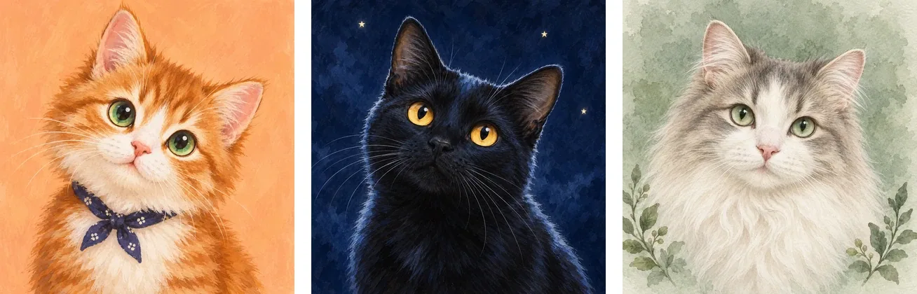 Three downloadable illustrated cat portraits: ginger kitten, amber-eyed black cat and cream-and-gray cat.