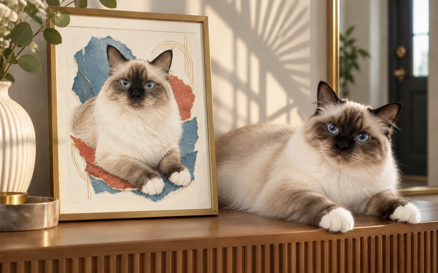 seal-point Birman cat beside its framed portrait in a home display