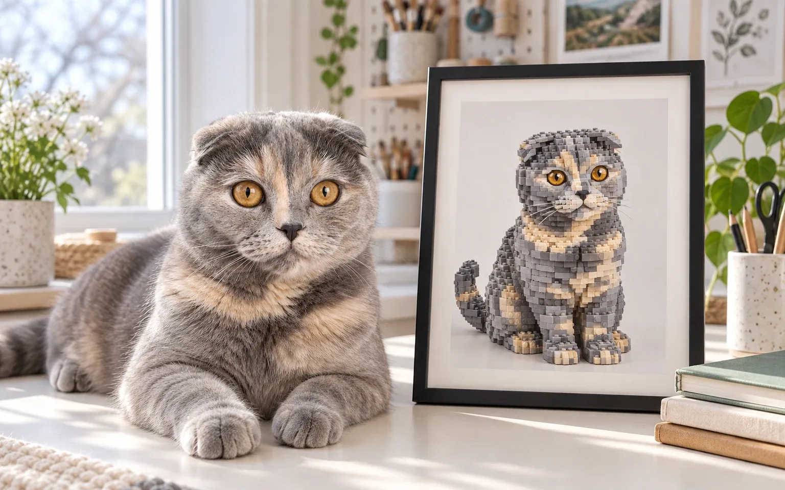 The same blue-and-cream Scottish Fold in a natural home pose beside its framed brick-built digital portrait