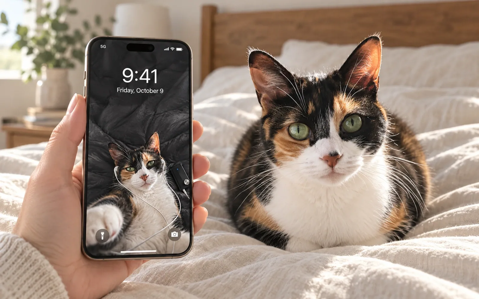 A hand-held iPhone displaying bedtime listener cat wallpaper beside the same real cat in a restful bedroom with cream linen duvet, oak headboard and morning light