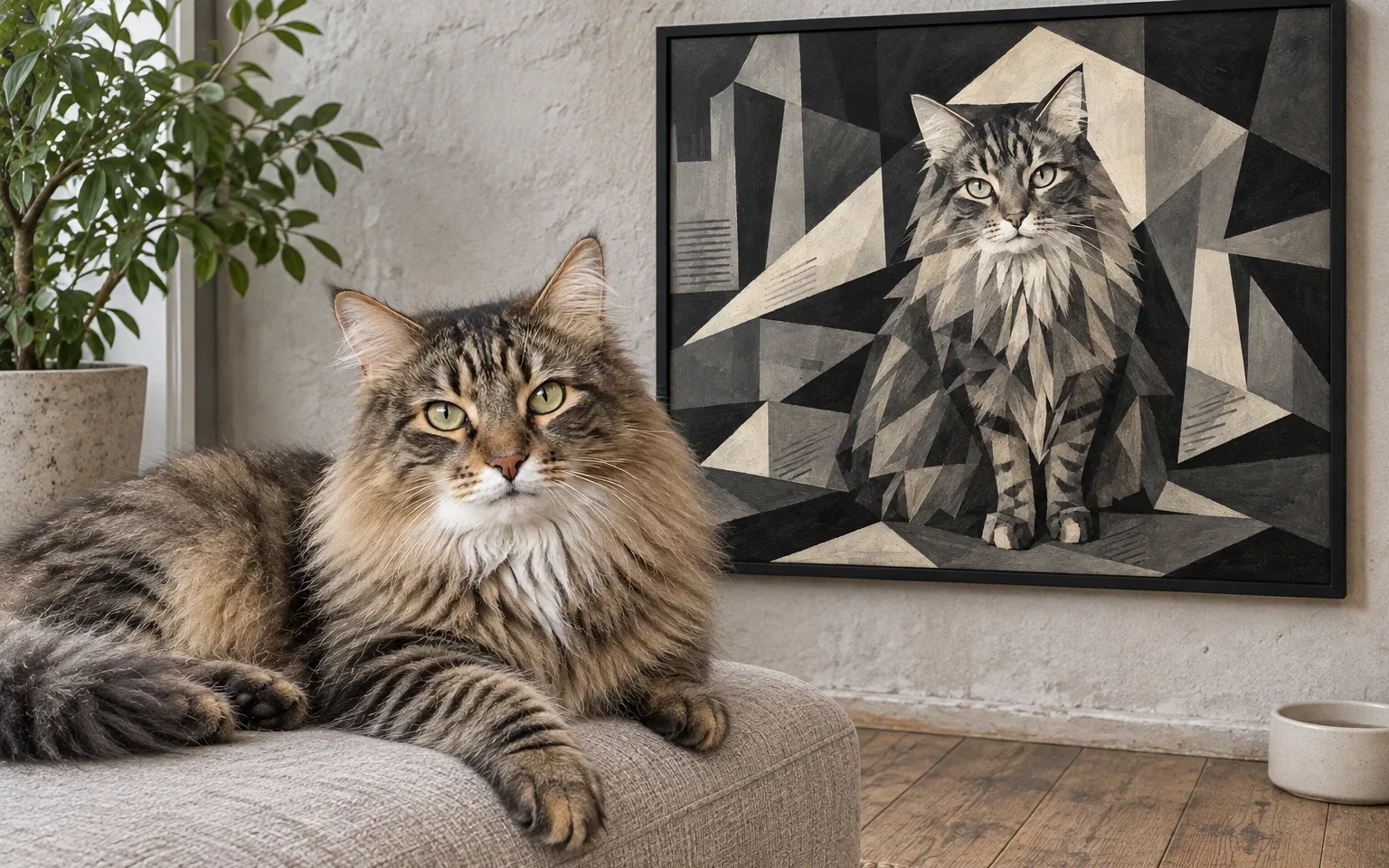 brown tabby Norwegian Forest cat beside its framed portrait in a home display