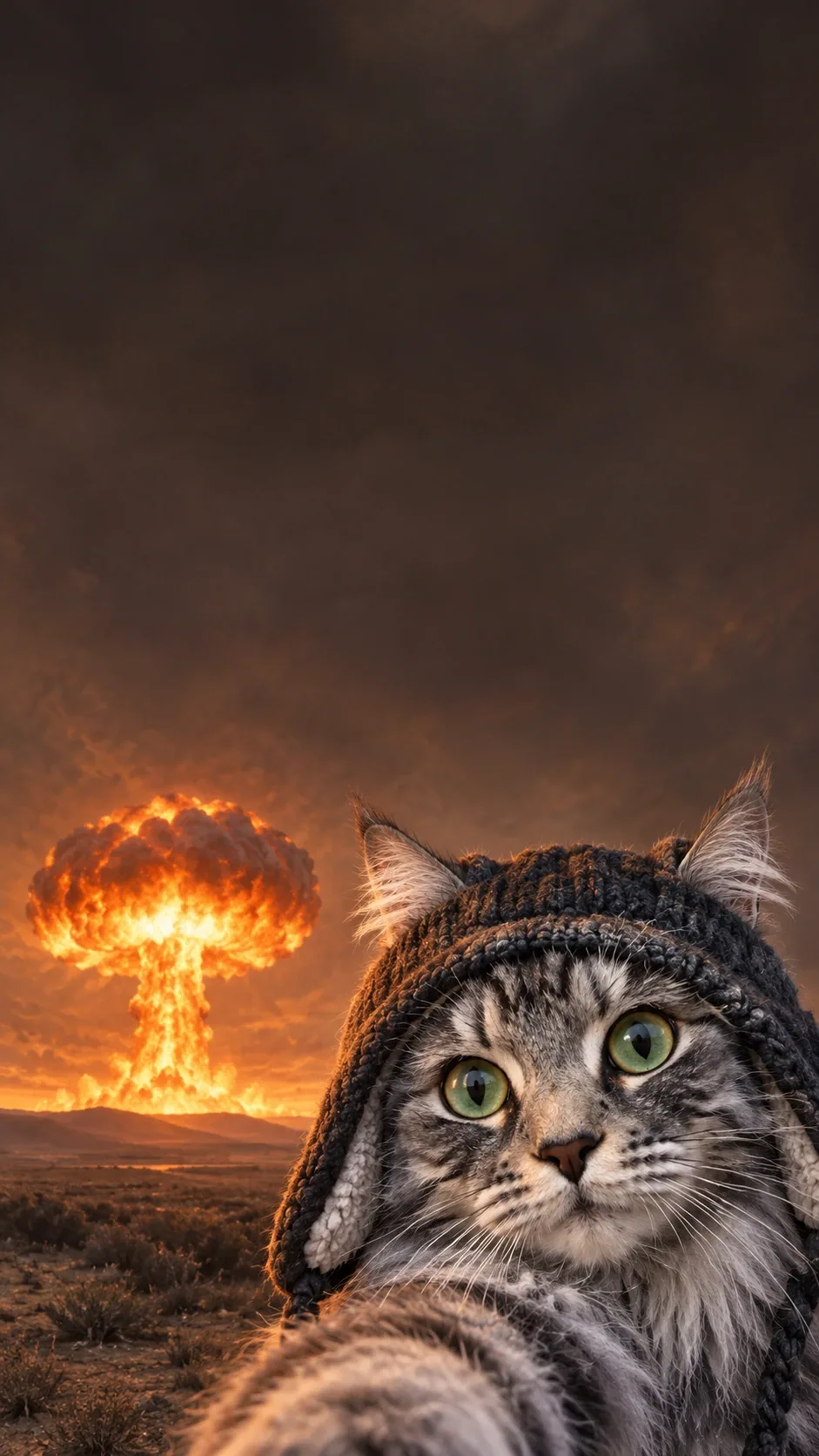 Huge innocent eyes peek from a dark wool hood while a mushroom cloud lights the horizon. of the same silver tabby maine coon