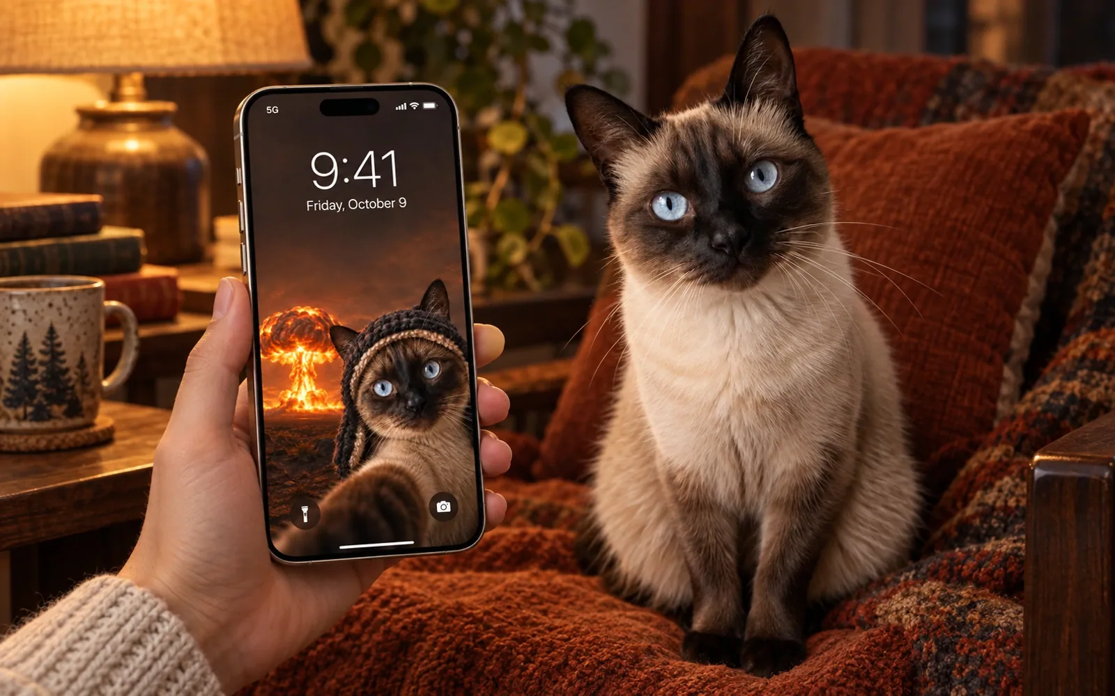 A hand-held iPhone displaying hooded explosion cat wallpaper beside the same real cat in a moody reading corner with rust-orange cushion, dark wood and warm lamplight