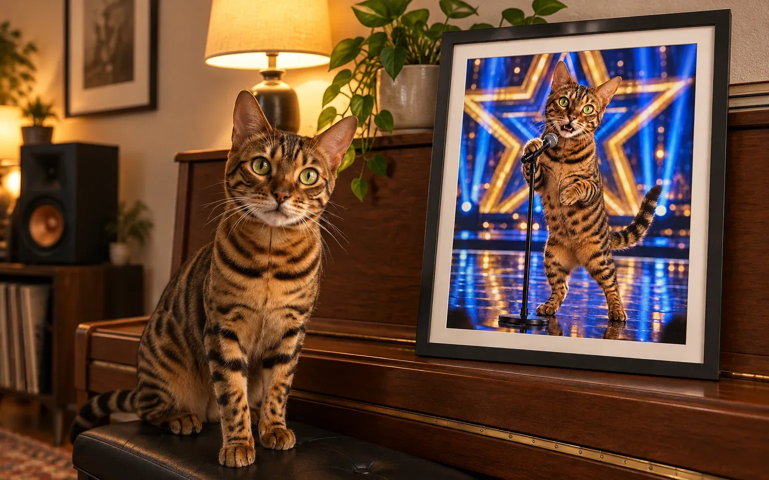 The same brown spotted Bengal in a natural home pose beside its framed talent show star digital portrait