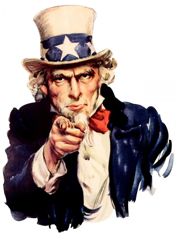 Uncle Sam recruiting image showing a star-patterned hat and a finger pointing toward the viewer.