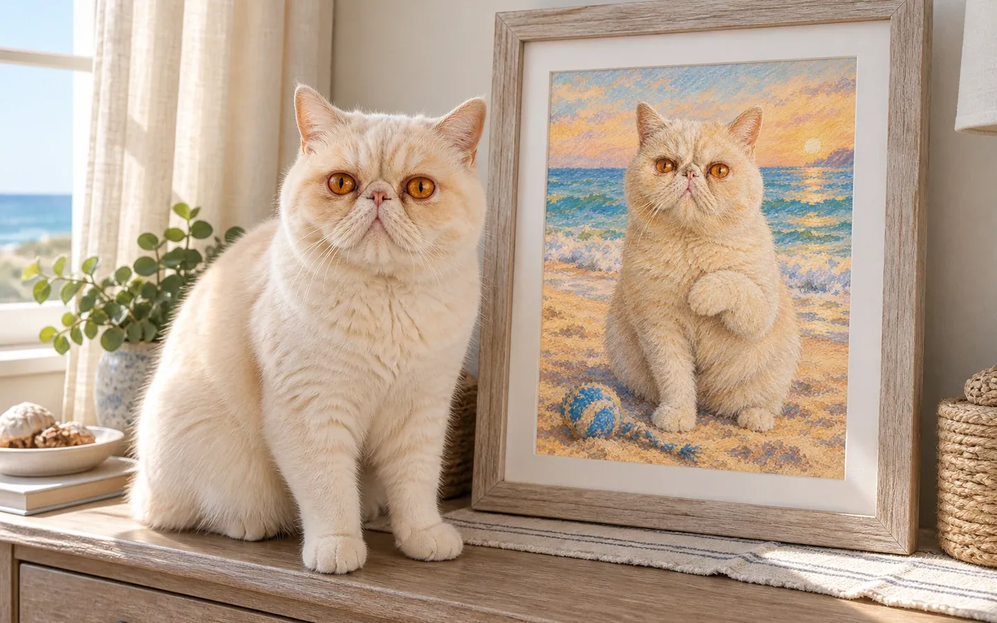 exotic Shorthair cat beside its framed portrait in a home display