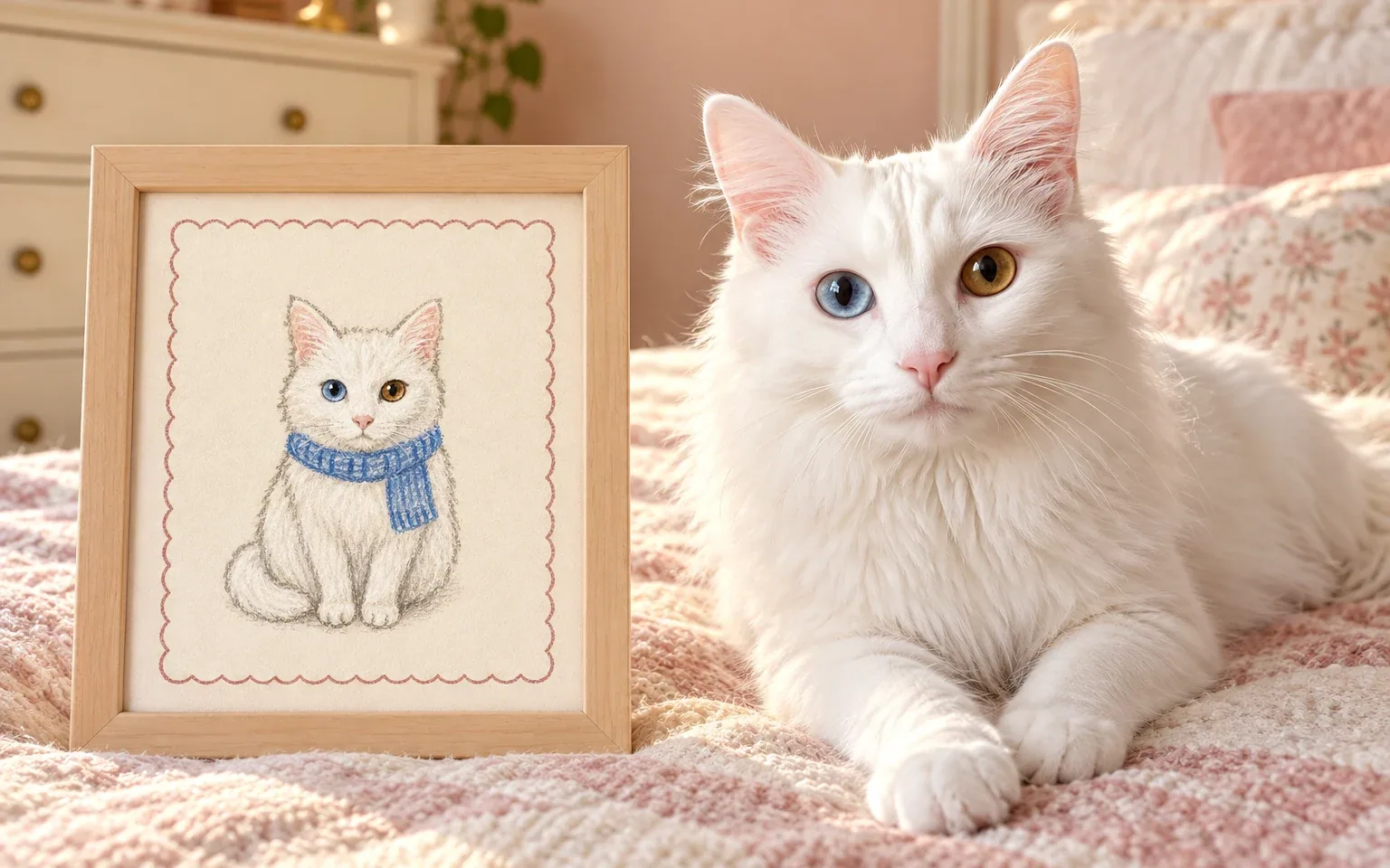 The same odd-eyed white turkish angora in a natural home pose beside its framed cozy crayon miniature cat portrait
