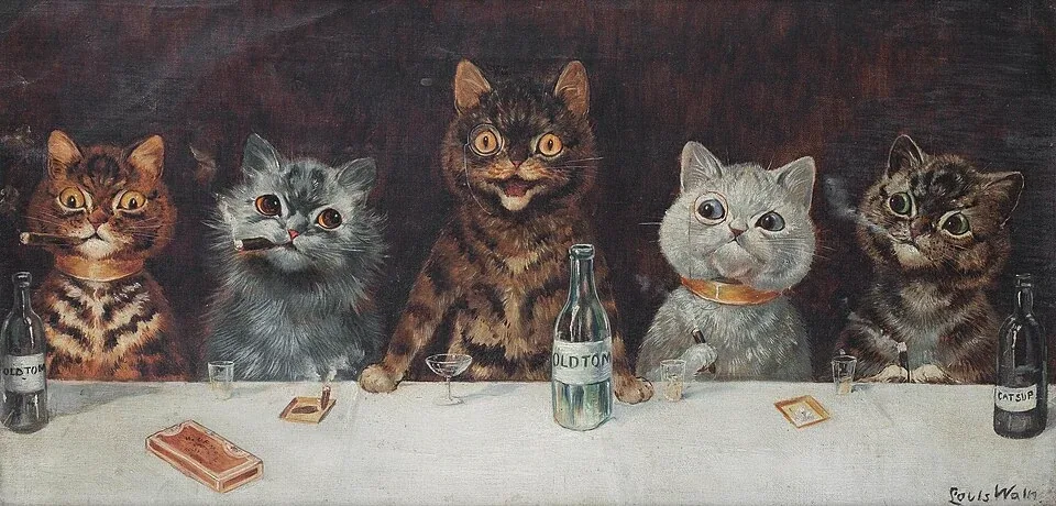 Five wide-eyed cats sit behind a table with bottles, glasses and small objects in Louis Wain's The Bachelor Party.