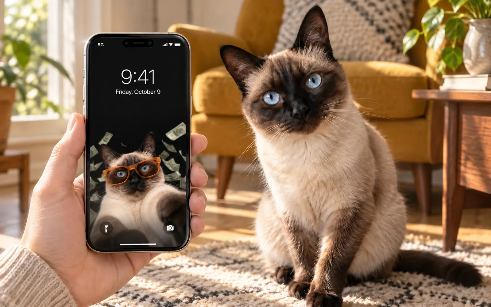 A hand-held iPhone displaying money rain selfie cat wallpaper beside the same real cat in a sunny midcentury living room with mustard armchair and walnut side table