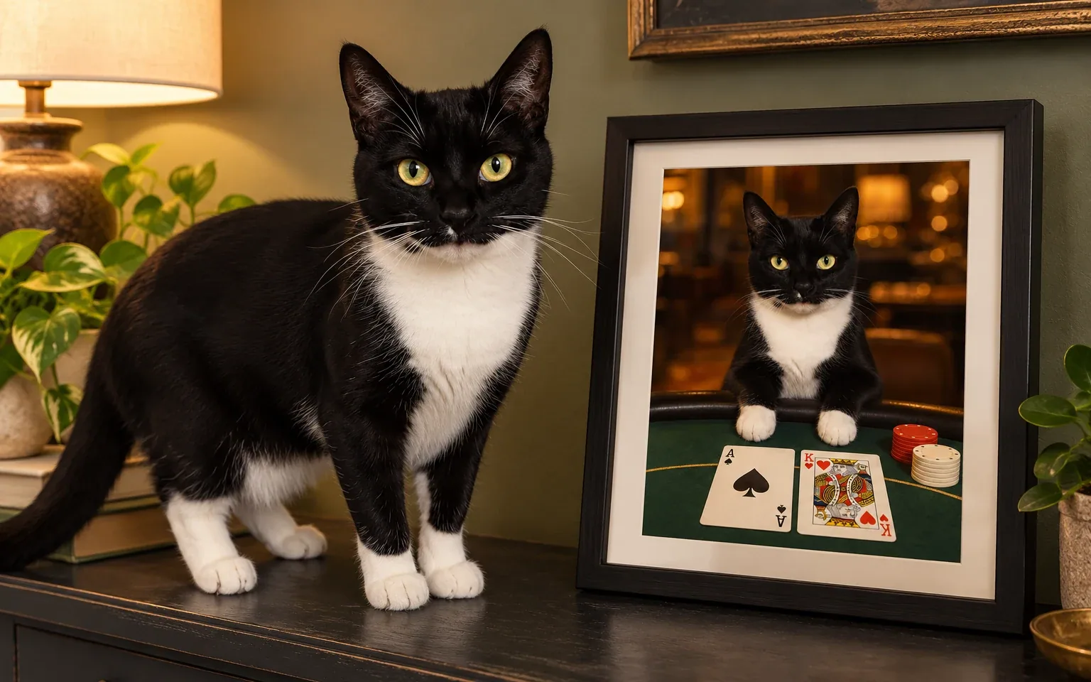 The same black-and-white tuxedo cat in a natural home pose beside its framed blackjack twenty-one cat portrait