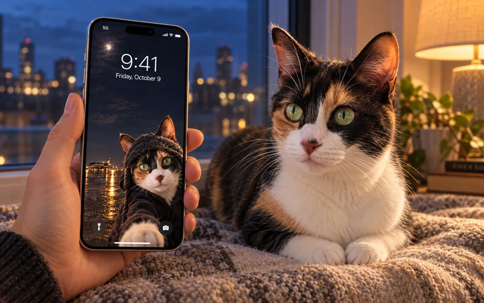 A hand-held iPhone displaying moonlit airfield cat wallpaper beside the same real cat in a blue-hour living-room window ledge with warm lamp and subtle city lights outside