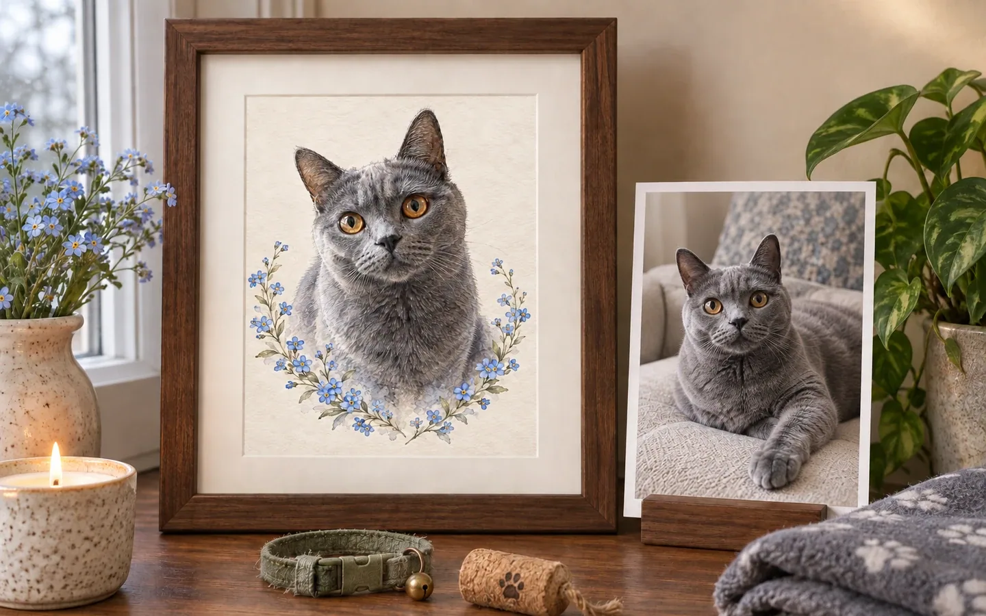Framed Forget-Me-Not Memorial artwork beside a printed lifetime photo of the same blue-gray cat, a worn collar, cork toy and blanket on a remembrance shelf