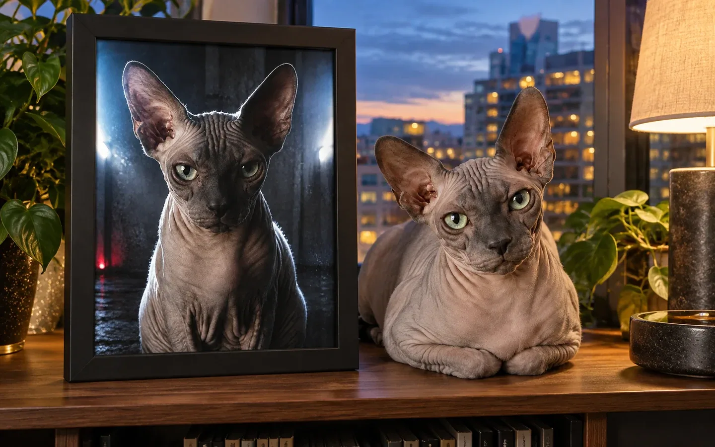 gray Sphynx cat beside its framed portrait in a home display