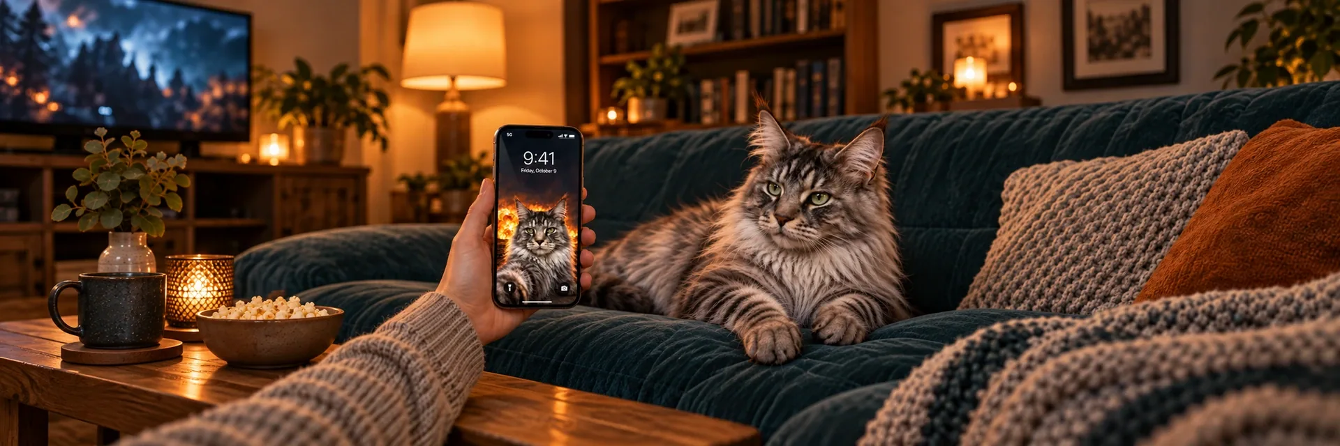 A reclining silver Maine Coon beside a hand-held iPhone showing its calm explosion selfie wallpaper in a warm living room