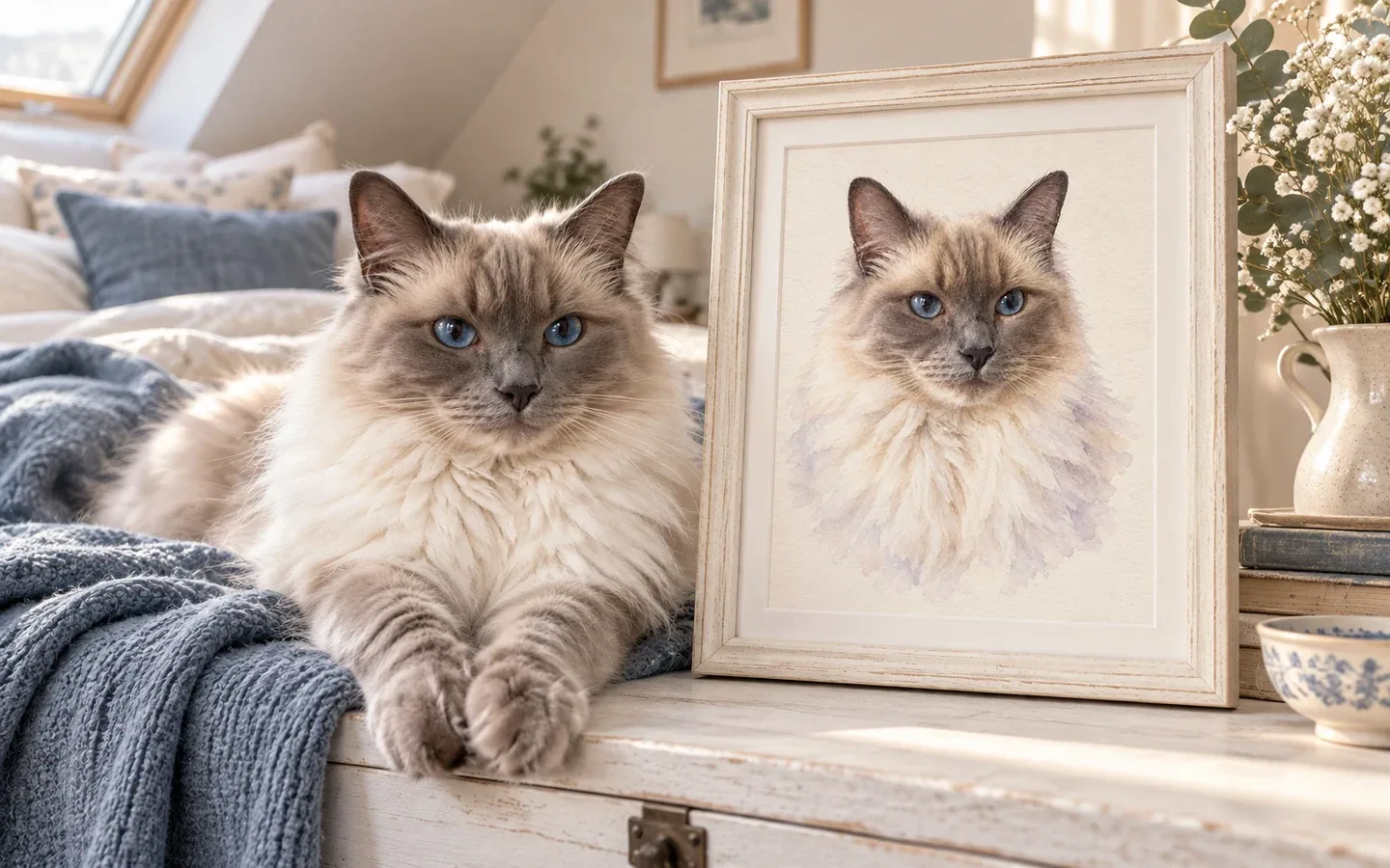 blue-point Ragdoll cat beside its framed portrait in a home display