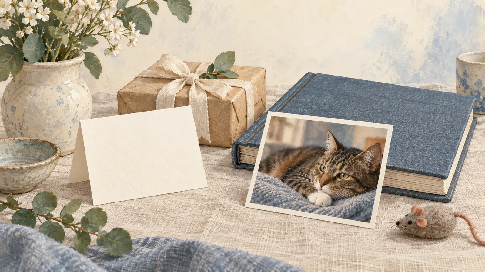 A sympathy card, small wrapped gift and lifetime cat photo beside a memory album.