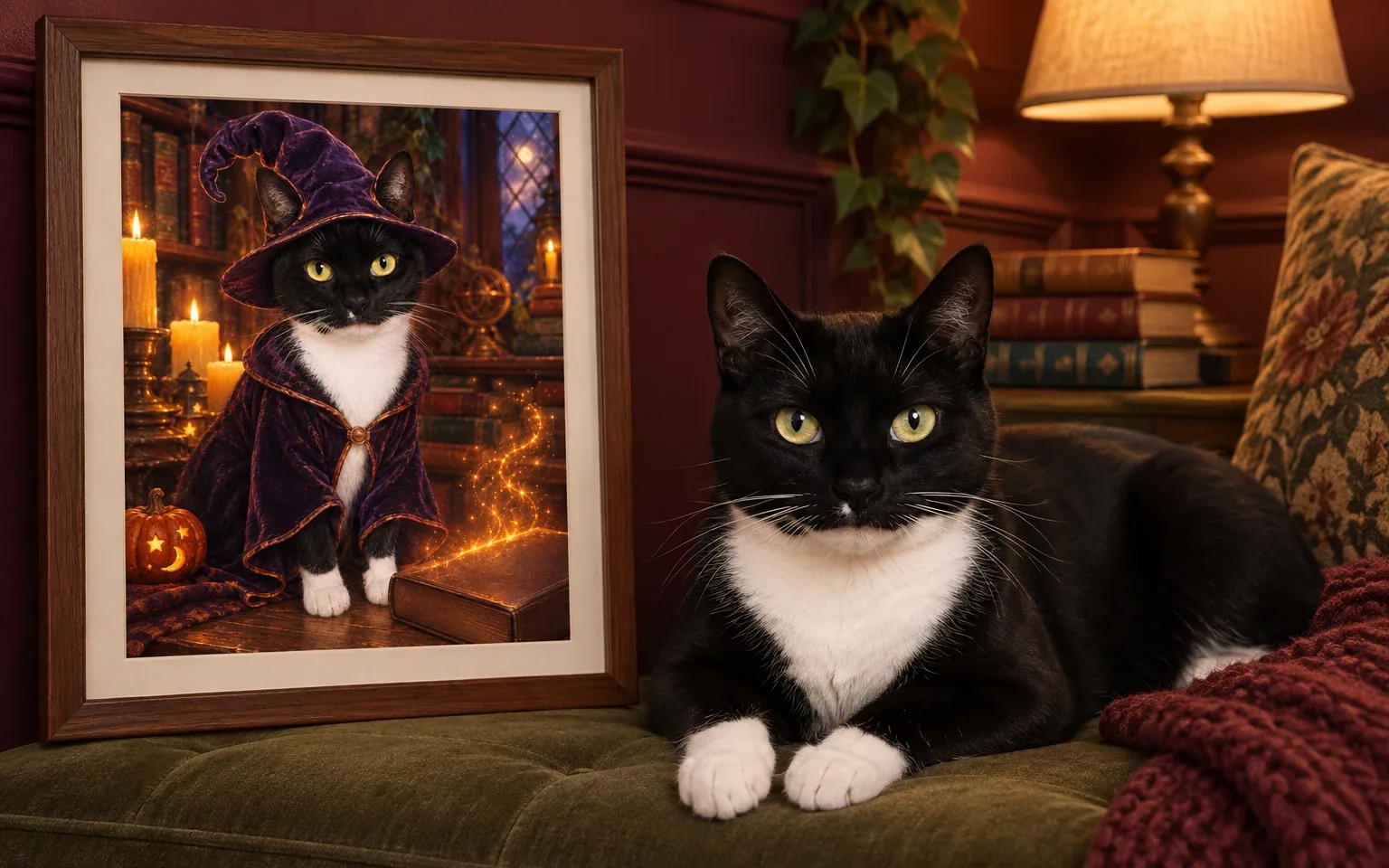 The same black-and-white tuxedo cat in a natural home pose beside its framed halloween wizard digital portrait