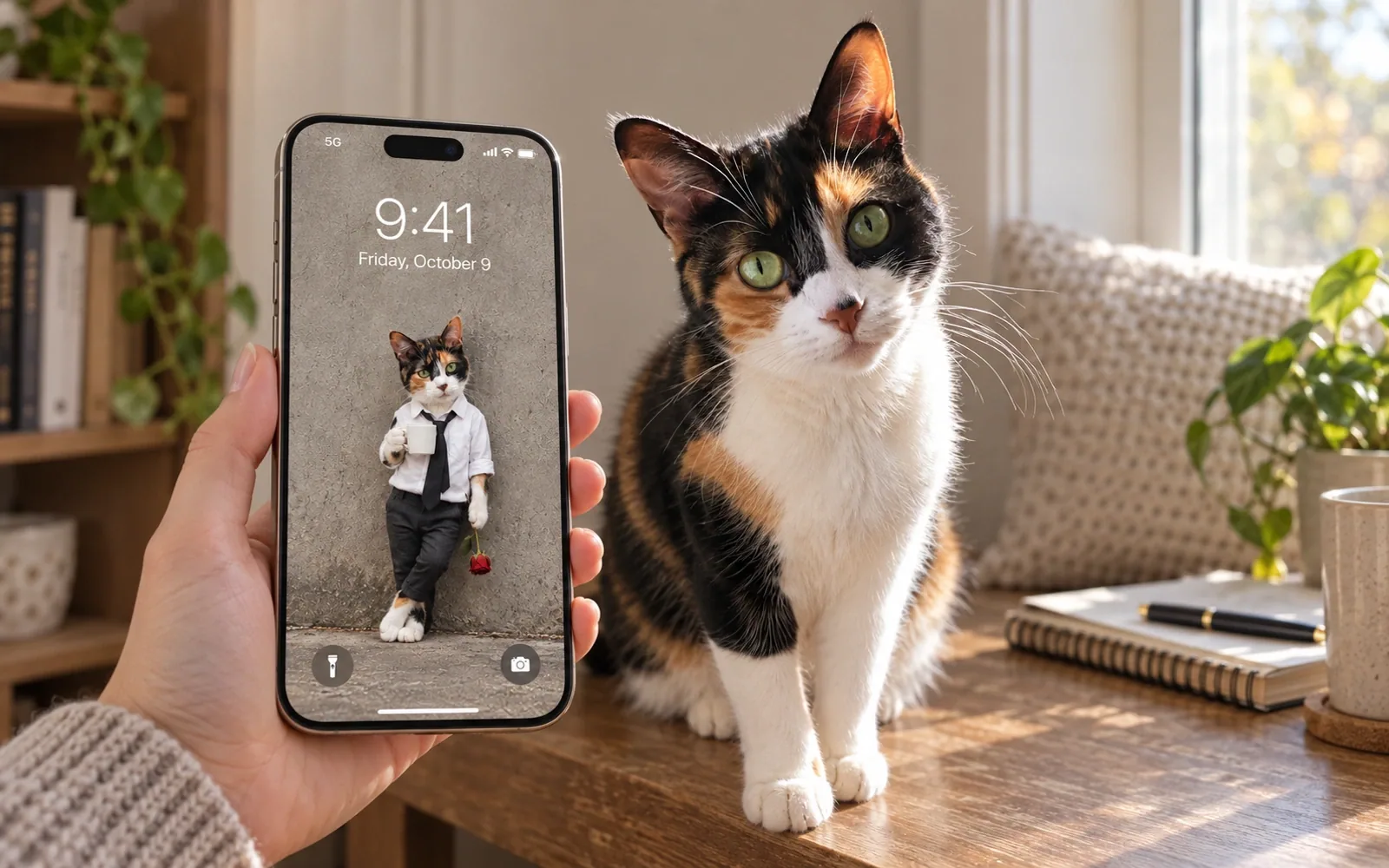 A hand-held iPhone displaying last rose coffee cat wallpaper beside the same real cat in a quiet home-office window seat in warm gray and beige with notebook in background