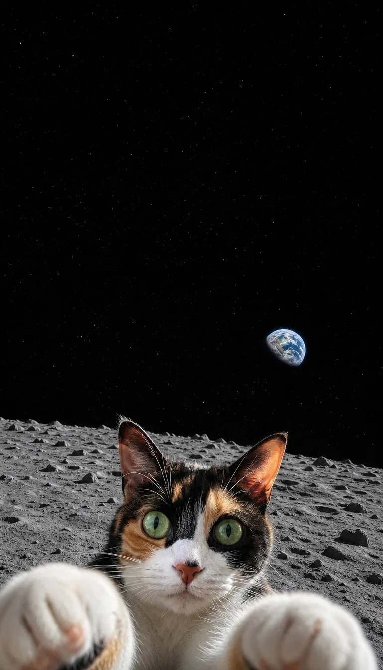 Your cat gazes upward in a close lunar selfie with two paws reaching toward the lens. generated from the same cat photo