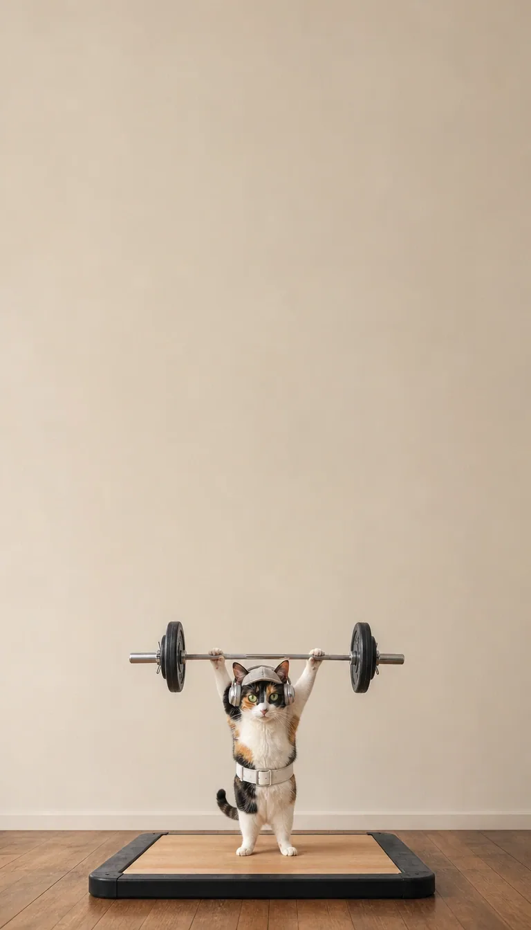 A tiny determined weightlifter, an oversized barbell, and a quiet gym. of the same calico shorthair