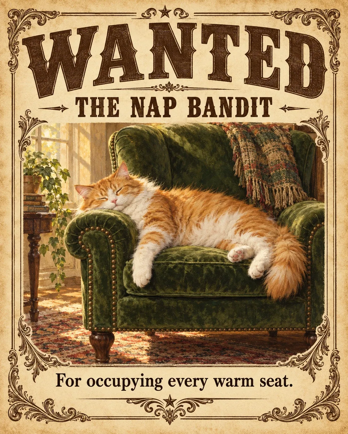 A vintage Nap Bandit poster with a ginger cat asleep on a green armchair.