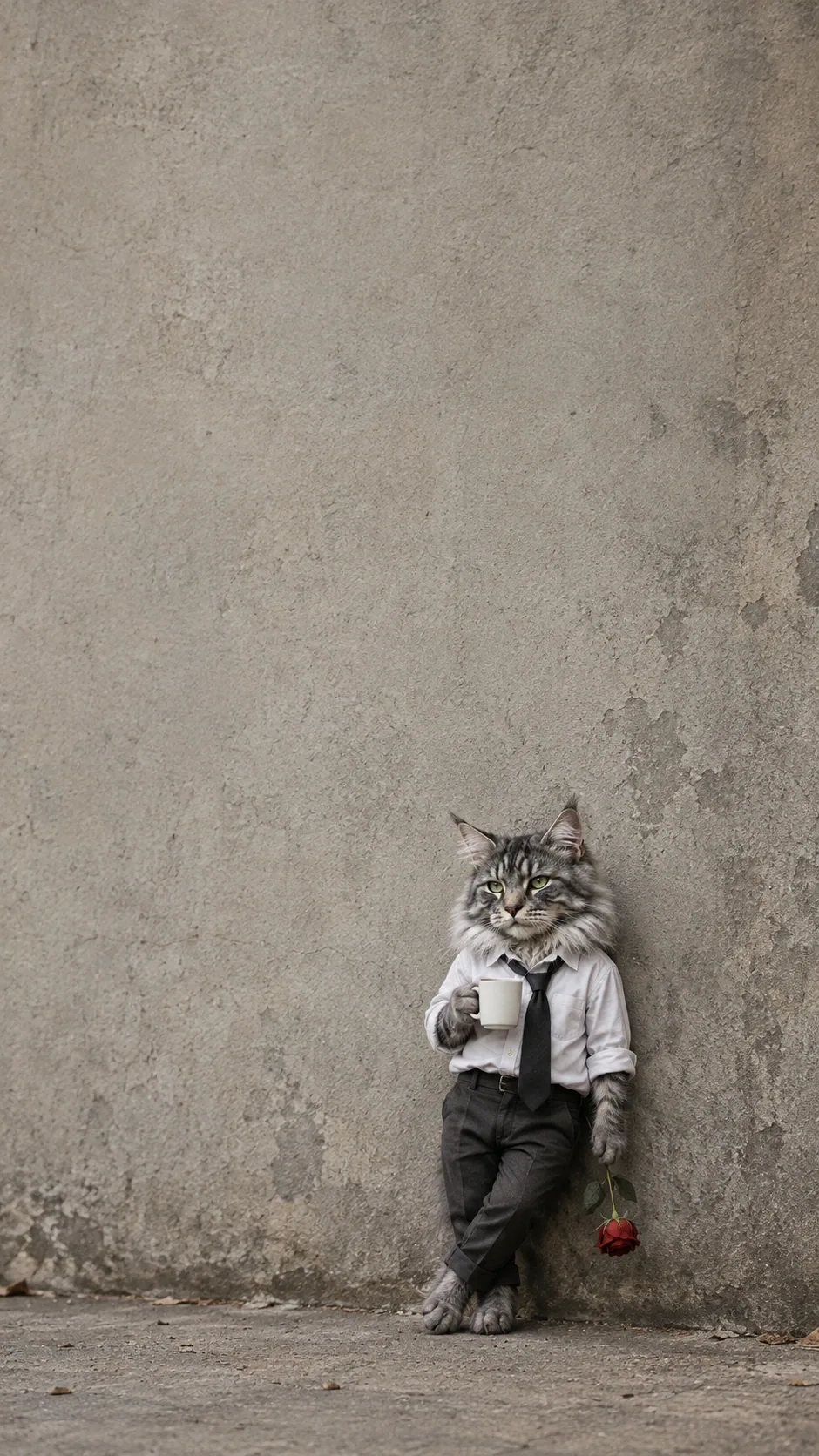A tired cat in a loose tie holds coffee and a drooping rose beside a concrete wall. of the same silver tabby maine coon