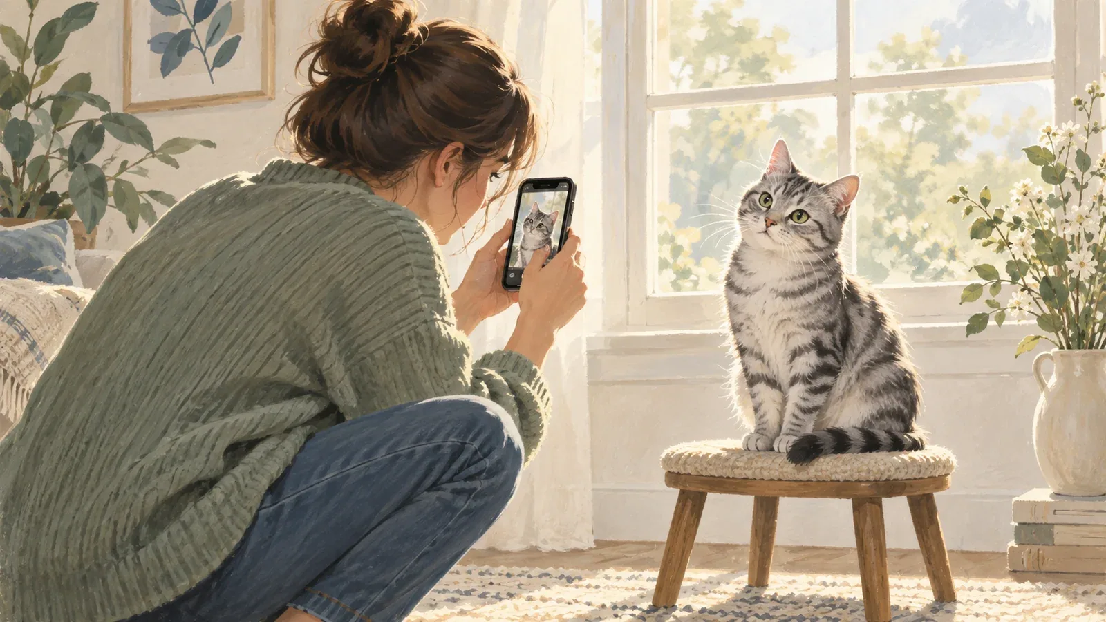 A person photographing a relaxed silver tabby beside a window at home.