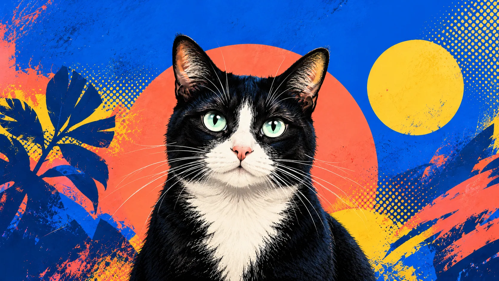 A striking tuxedo cat pop-art portrait in cobalt, coral, mint and yellow