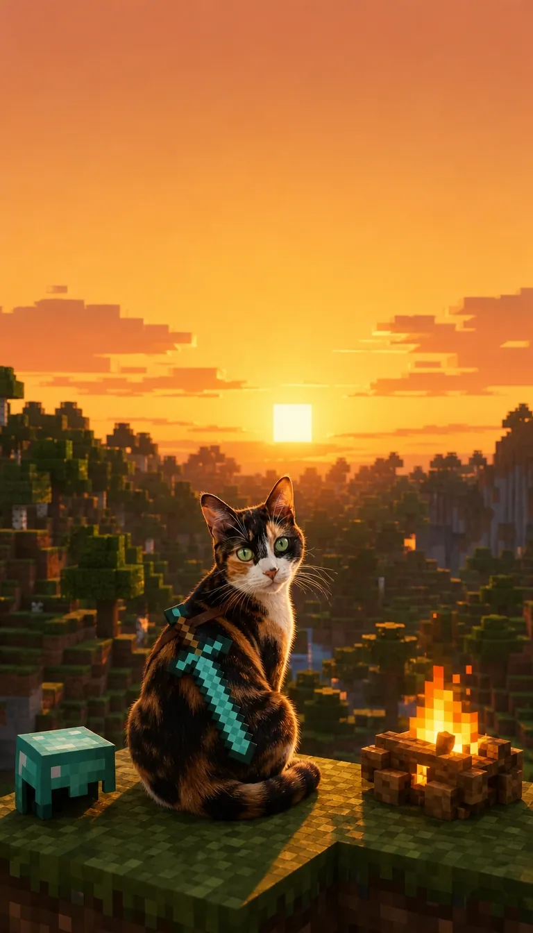 Your naturally furry cat watches a glowing campfire in a block-built sunset landscape. of the same calico shorthair