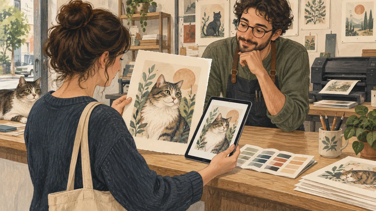 A cat portrait print compared with a tablet image at a print studio counter.