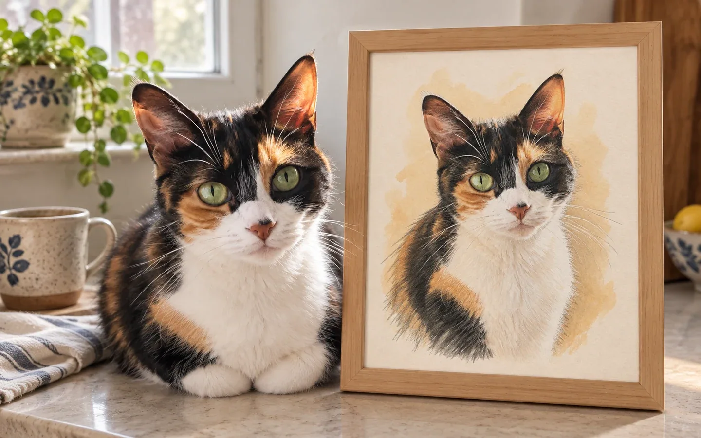 calico shorthair cat beside its framed portrait in a home display