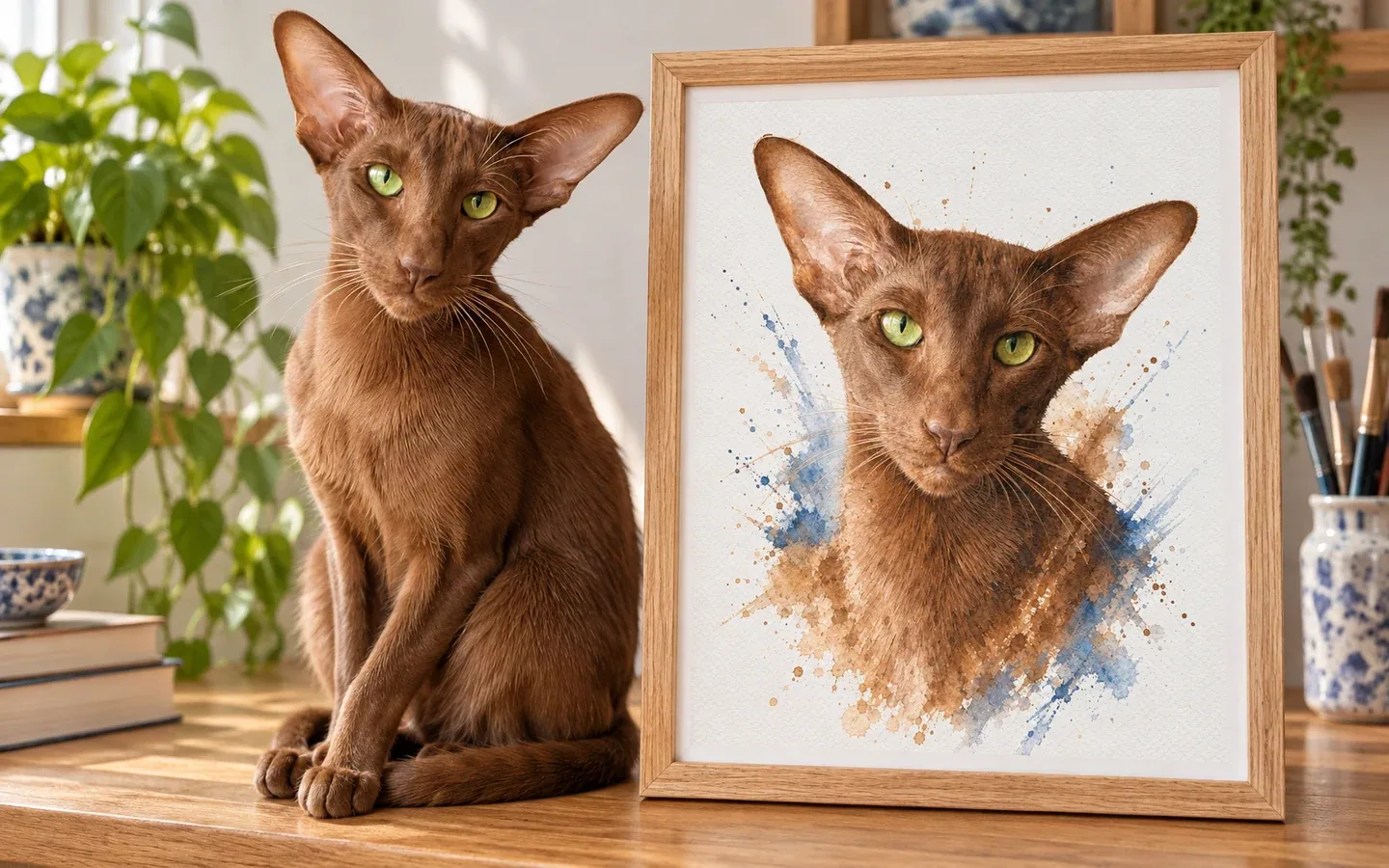 cinnamon Oriental Shorthair cat beside its framed portrait in a home display
