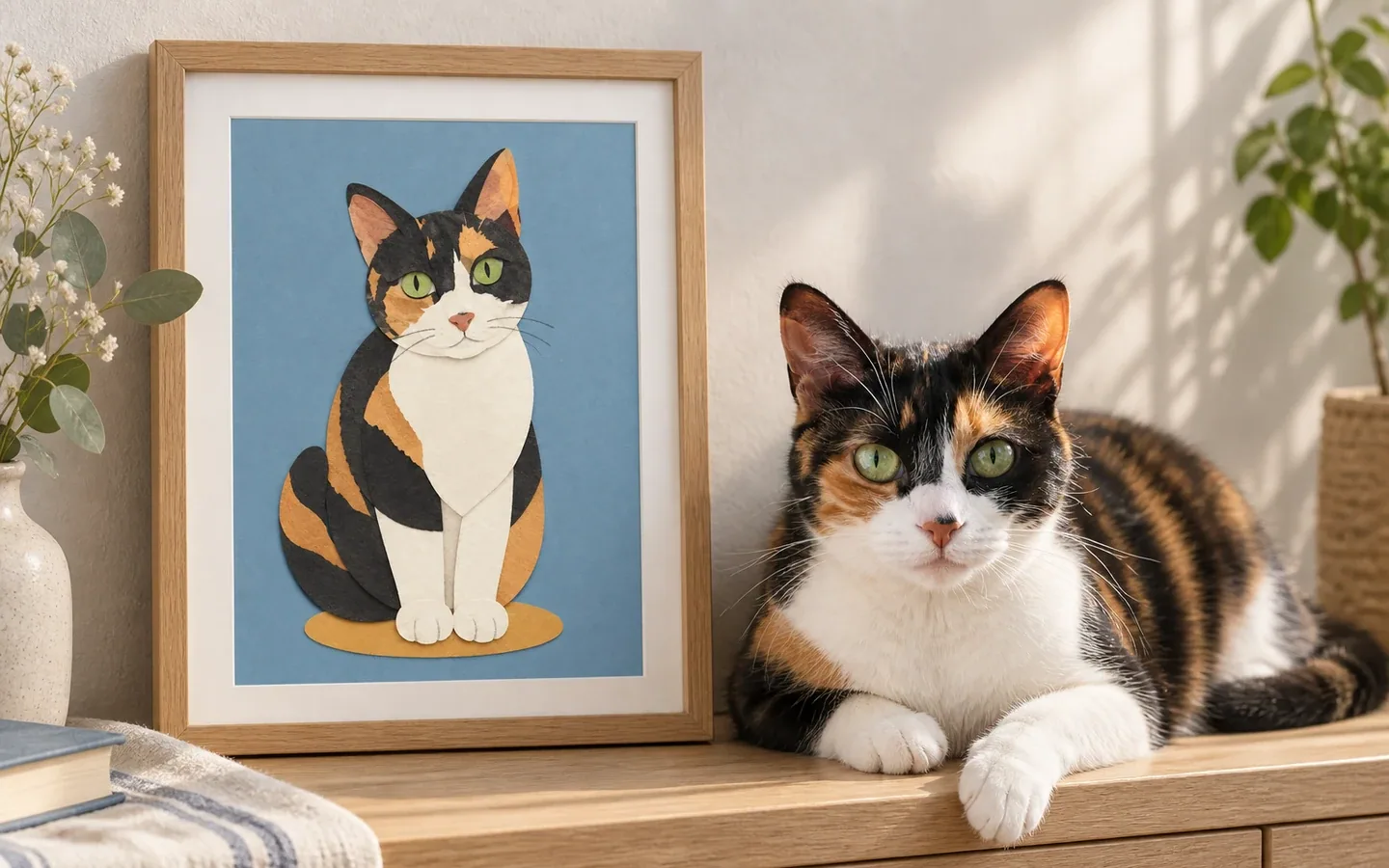 calico shorthair beside its framed portrait in a home display