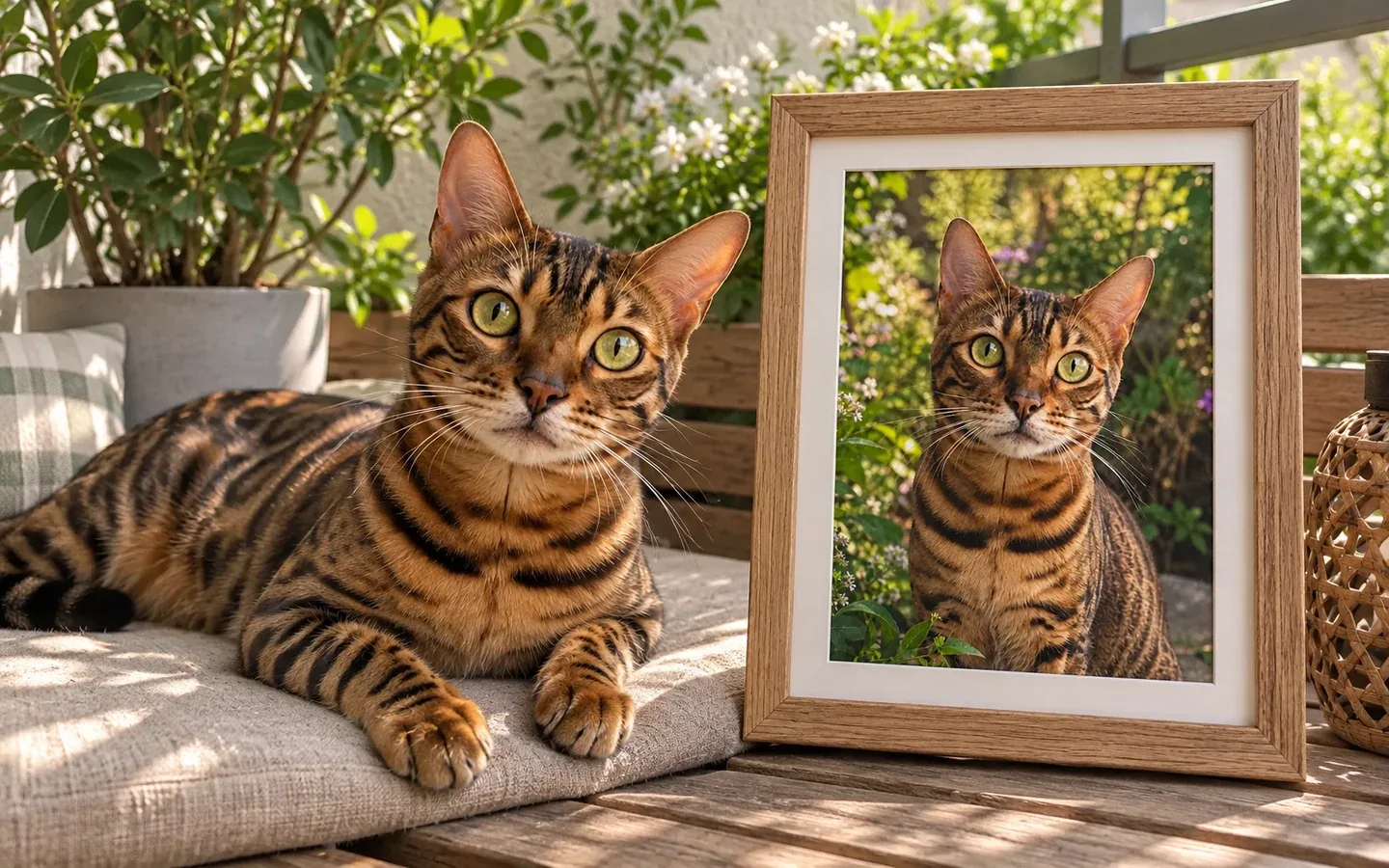 brown spotted Bengal cat beside its framed portrait in a home display