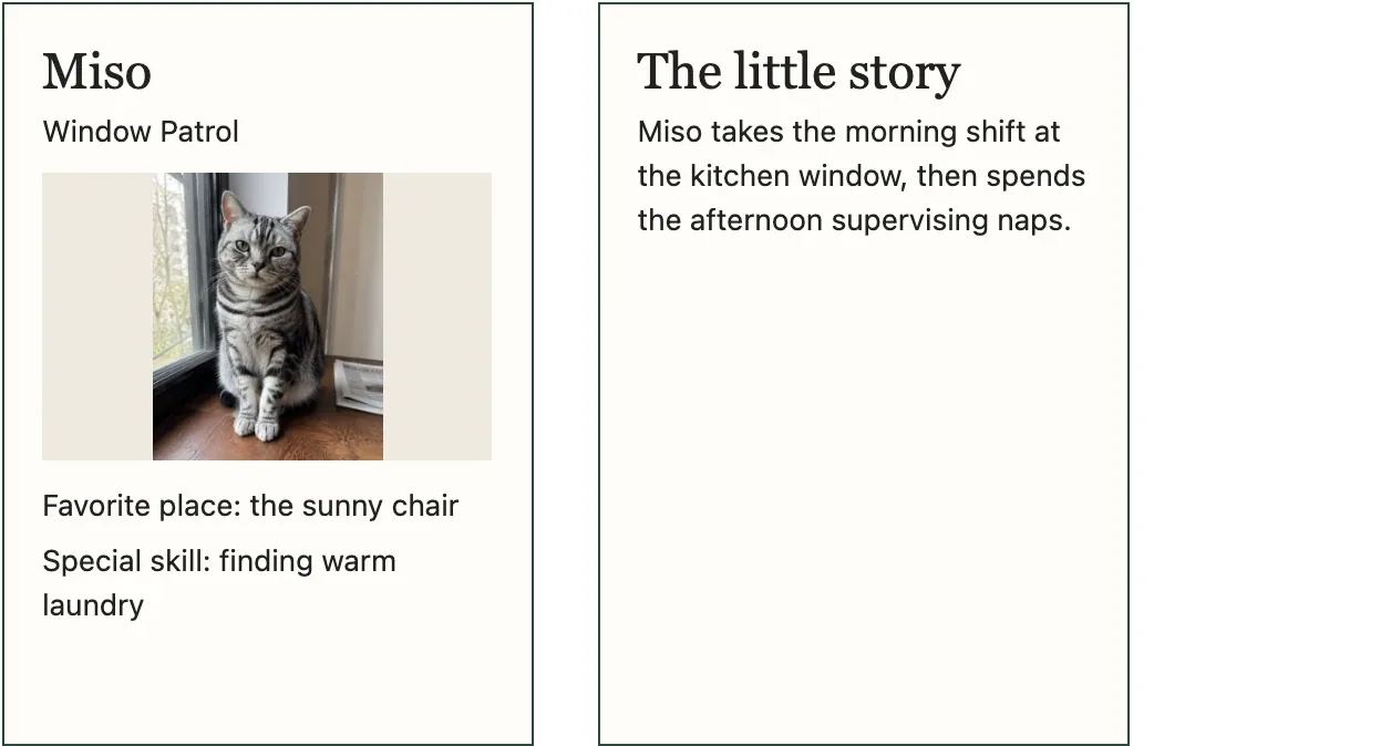 Actual front and back of the editable pet trading-card template with a sample cat and short attributes.