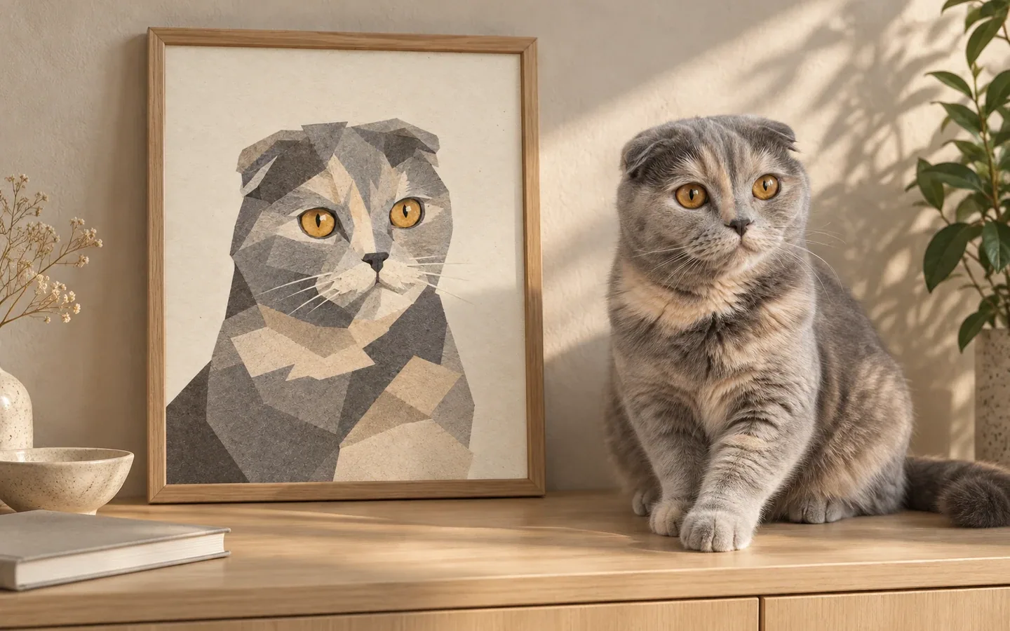blue-cream Scottish Fold beside its framed portrait in a home display