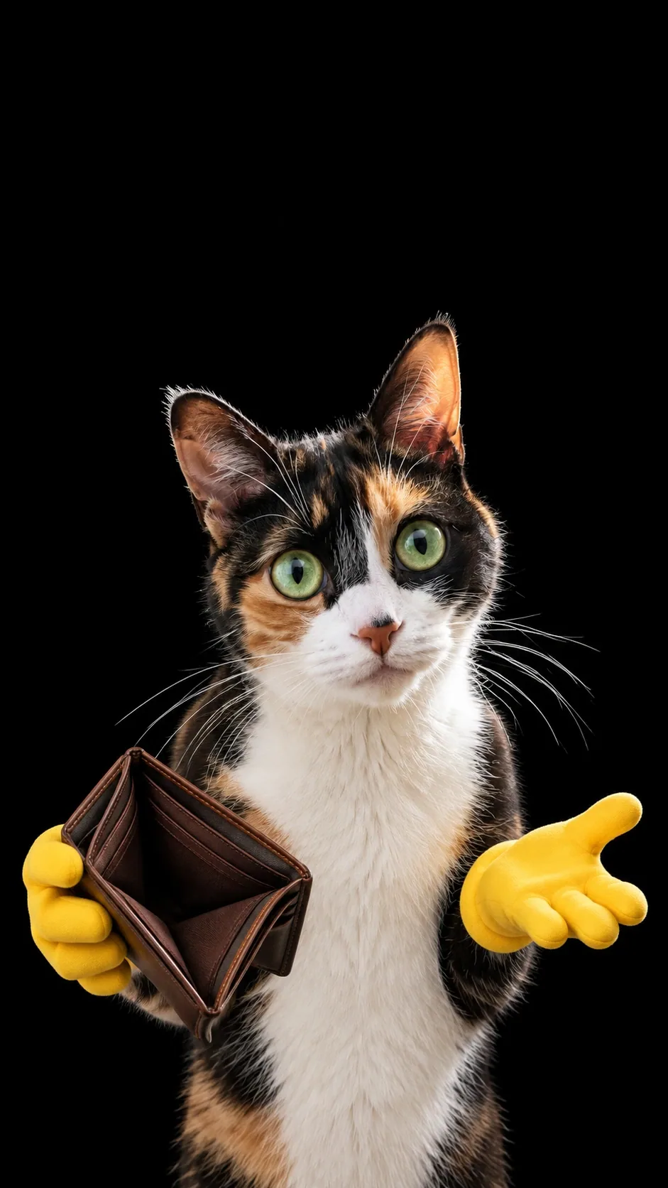 Innocent eyes, an empty wallet, and two bright yellow paw mitts tell the whole story. of the same calico shorthair