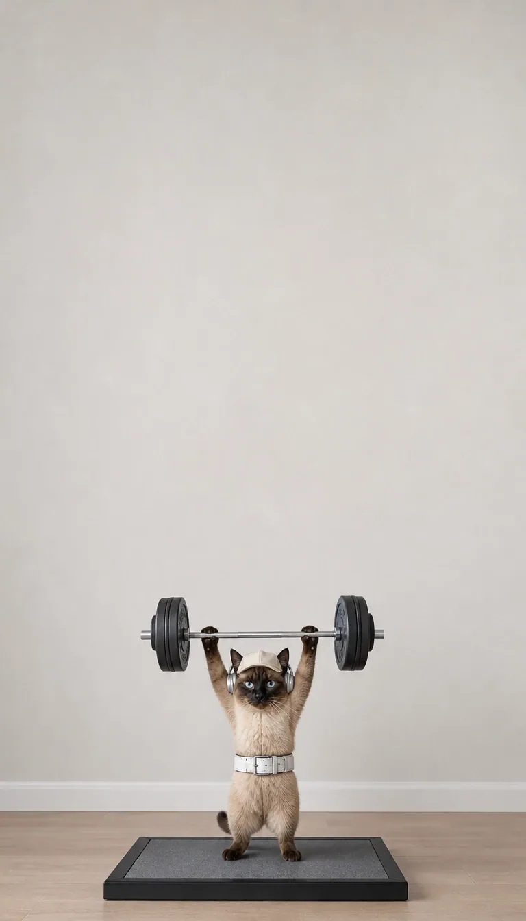A tiny determined weightlifter, an oversized barbell, and a quiet gym. of the same seal-point siamese