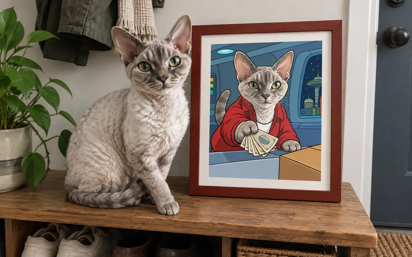 devon Rex cat beside its framed portrait in a home display