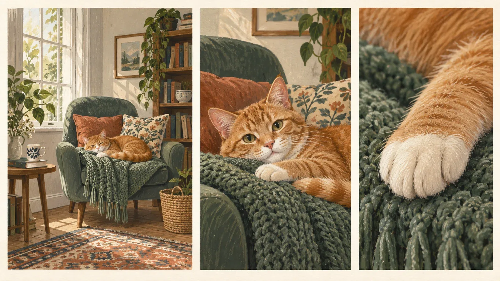 Three illustrated views of an orange cat: the room, the expression and a paw on a blanket.