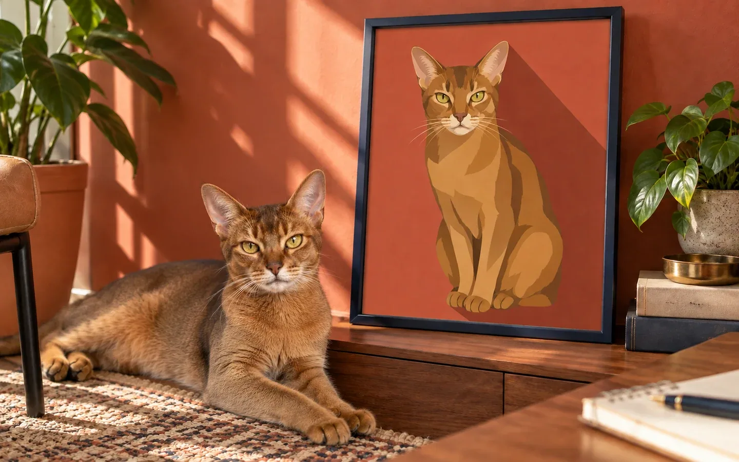 ruddy Abyssinian cat beside its framed portrait in a home display