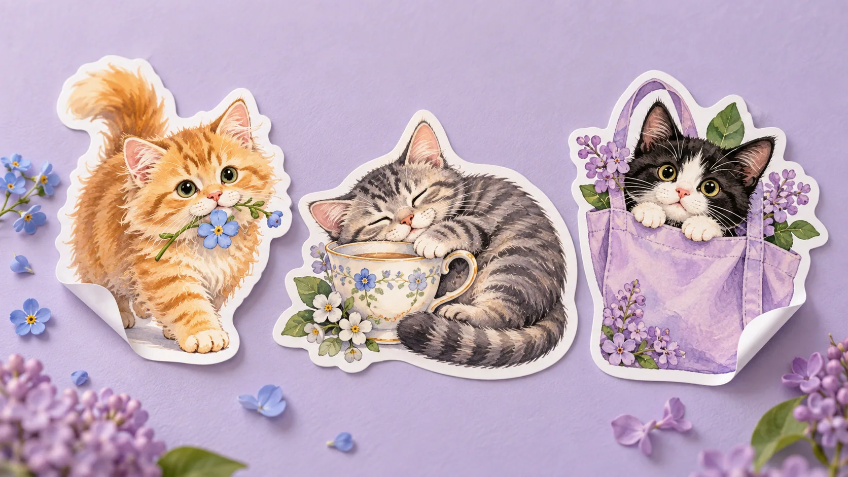 Three expressive illustrated cat sticker concepts with clean white cut borders