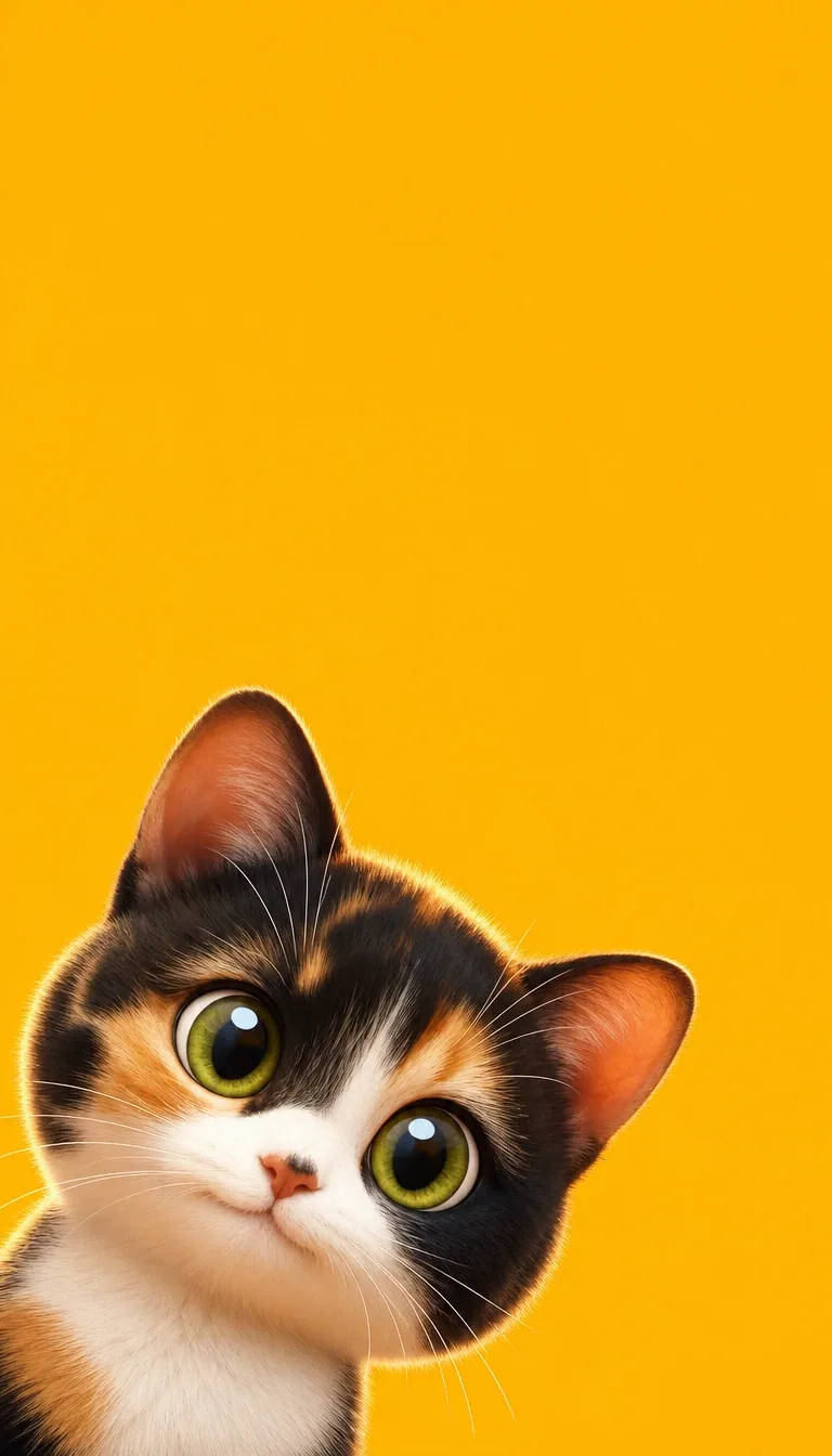 A rounded 3D chibi cat with glossy eyes peeks into a bold yellow field. of the same calico shorthair