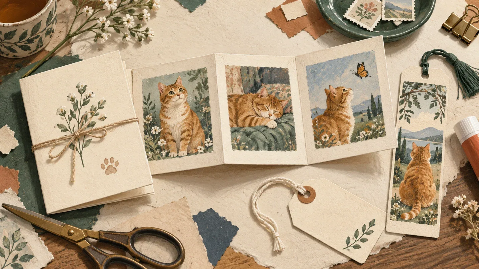 Photo cards, a small accordion album and a bookmark arranged with paper craft supplies.