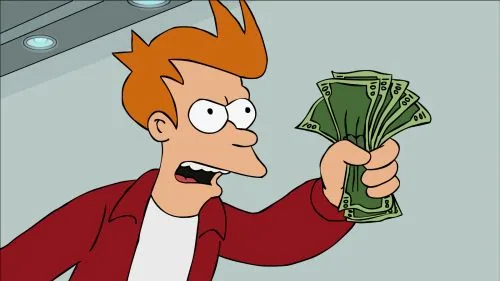 Shut Up and Take My Money meme showing Fry in a red jacket holding out banknotes.